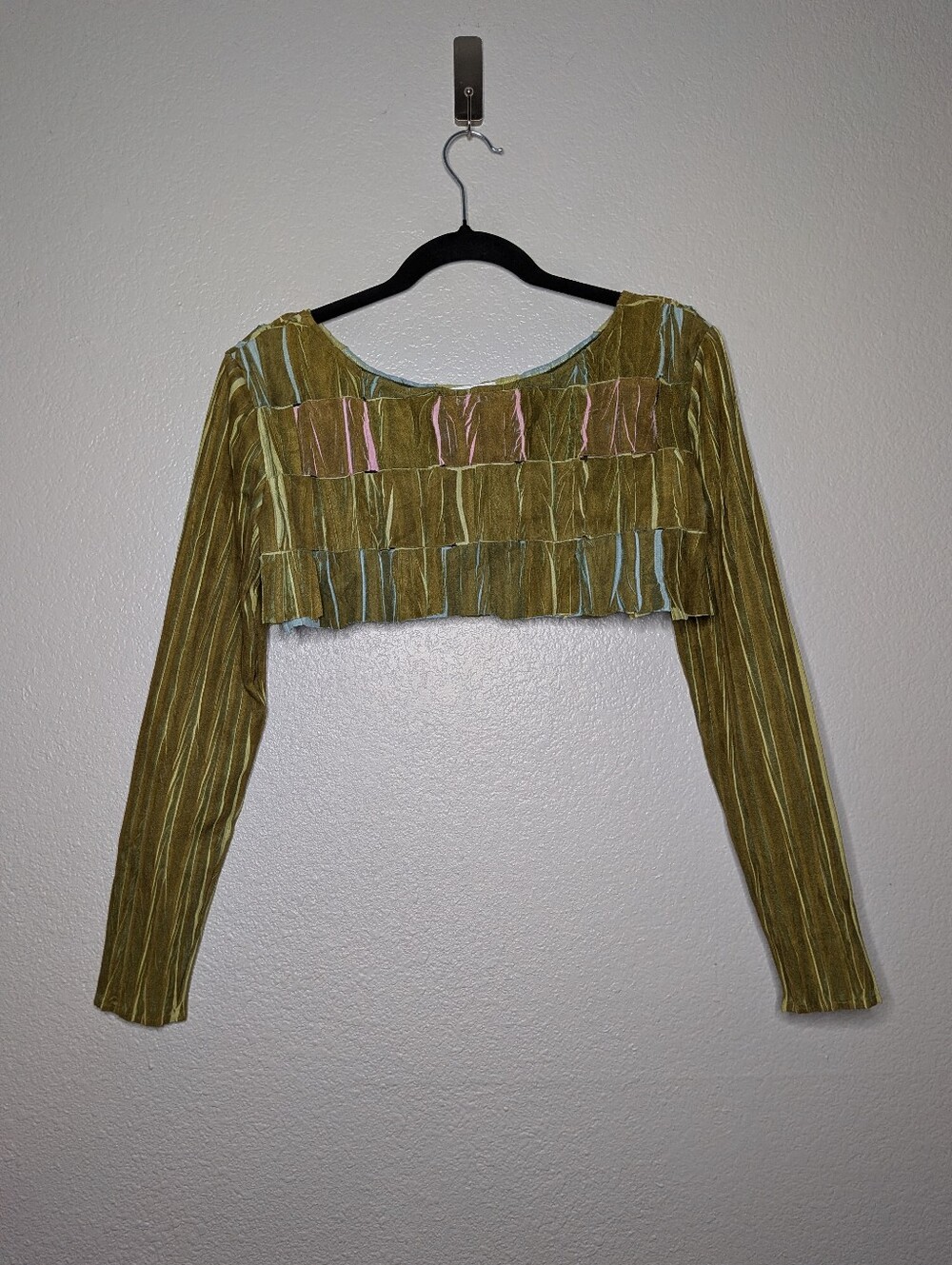 Fantazia Olive Green Y2K Naturecore Whimsical Fairycore Faux Suede Cropped Top S